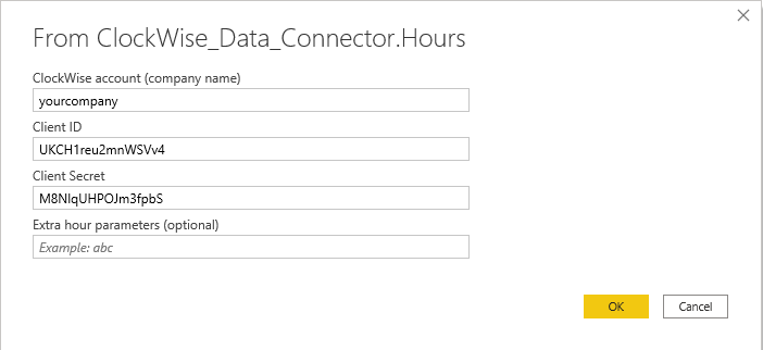 ClockWise Hours Data data connector configuration Hours window