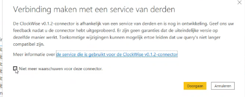 Waarschuwing dat de connector nog in beta is. Beta waarschuwing