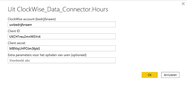 ClockWise Uurgegevens data connector configuratie venster Hours venster